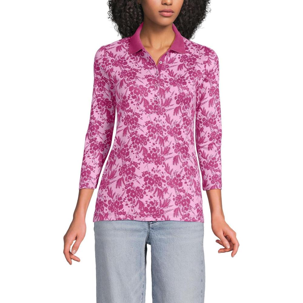 imageLands End Womens 34 Sleeve AmericanGrown Supima Cotton Polo ShirtPinkRaspberry Wildflowers