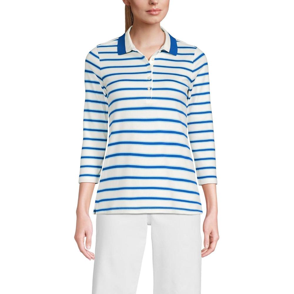 imageLands End Womens 34 Sleeve AmericanGrown Supima Cotton Polo ShirtSapphire Gem StripeTipped