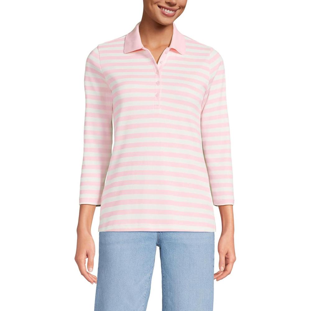 imageLands End Womens 34 Sleeve AmericanGrown Supima Cotton Polo ShirtSea Salt Pink Even Stripe