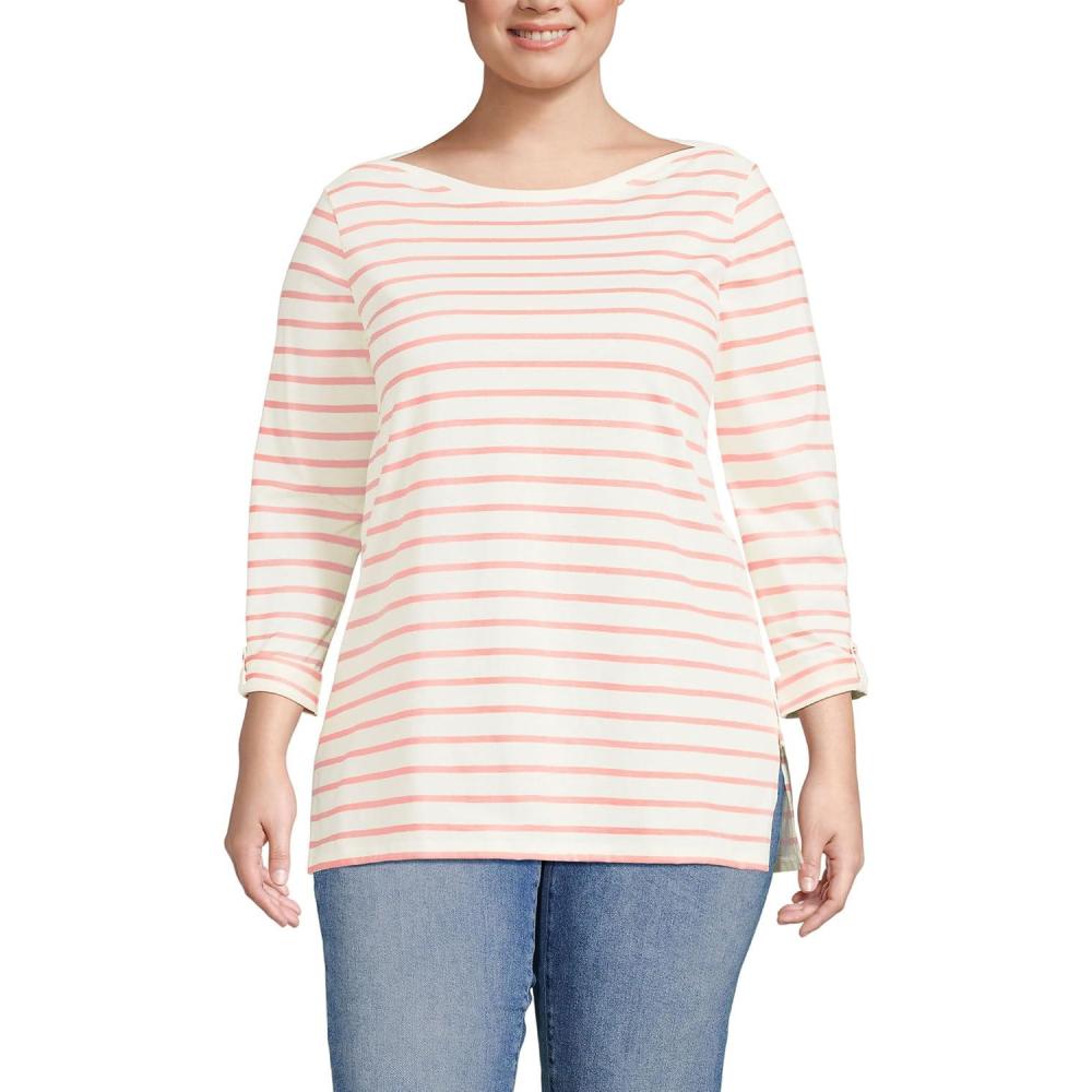 imageLands End Womens AmericanGrown Supima Cotton Adjustable 34 Sleeve Boatneck TunicIvoryPeach Breton Stripe