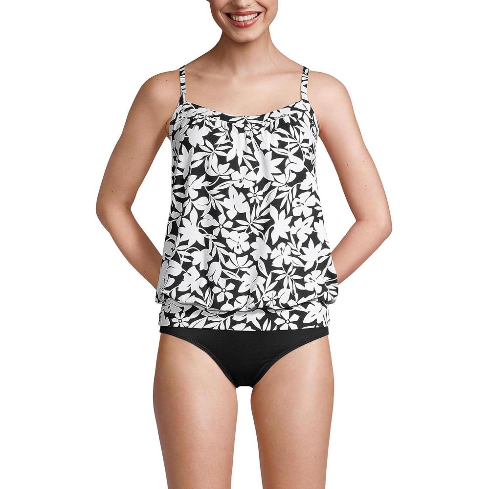 imageLands End Womens Blouson Tummy Hiding Tankini Top Swimsuit Adjustable StrapsBlack Havana Floral