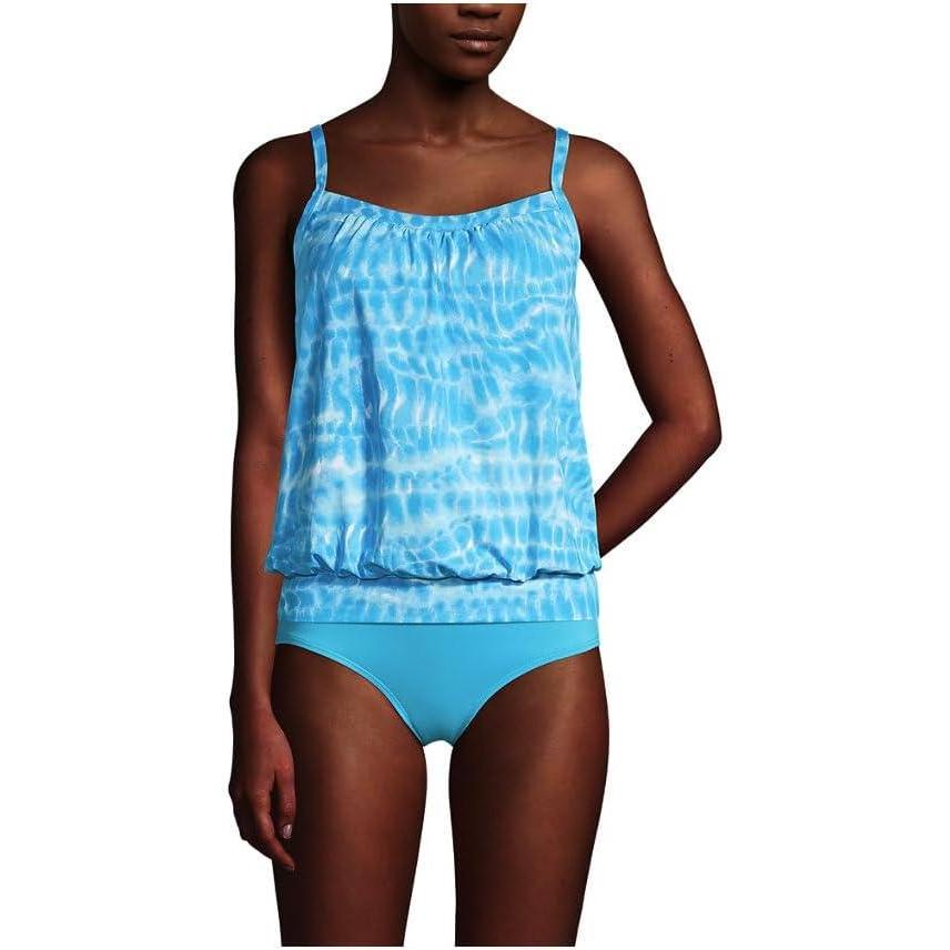imageLands End Womens Blouson Tummy Hiding Tankini Top Swimsuit Adjustable StrapsTurquoise Tie Dye Wave R