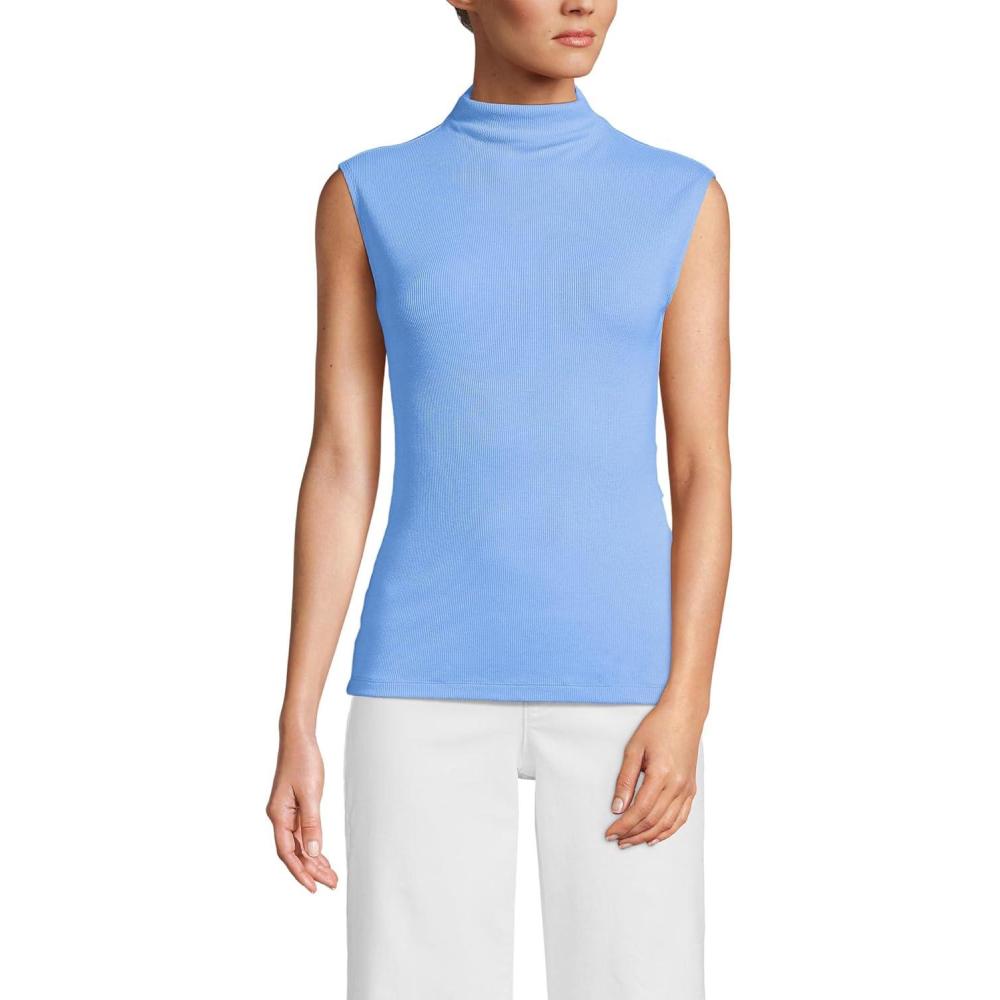 imageLands End Womens Cap Sleeve Drapey Rib Fitted Funnel Neck TankClear Blue Sky