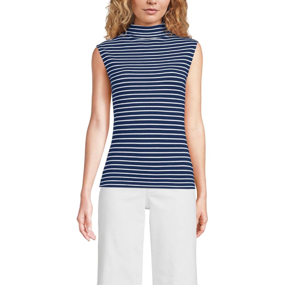 imageLands End Womens Cap Sleeve Drapey Rib Fitted Funnel Neck TankDeep Sea NavyIvory Stripe