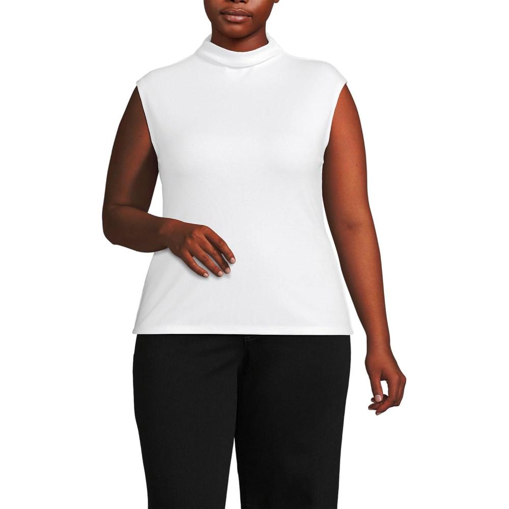 imageLands End Womens Cap Sleeve Drapey Rib Fitted Funnel Neck TankWhite