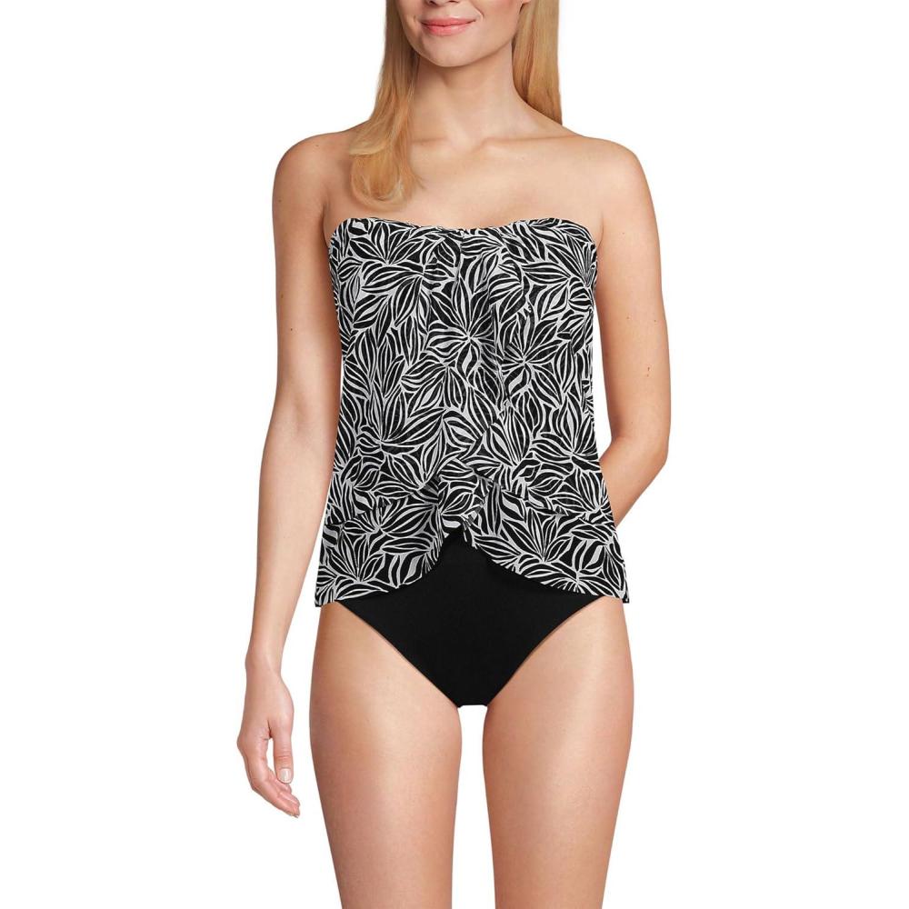 imageLands End Womens Chlorine Resistant Mesh Bandeau High Leg Fauxkini One Piece SwimsuitBlackWhite Abstract Floral