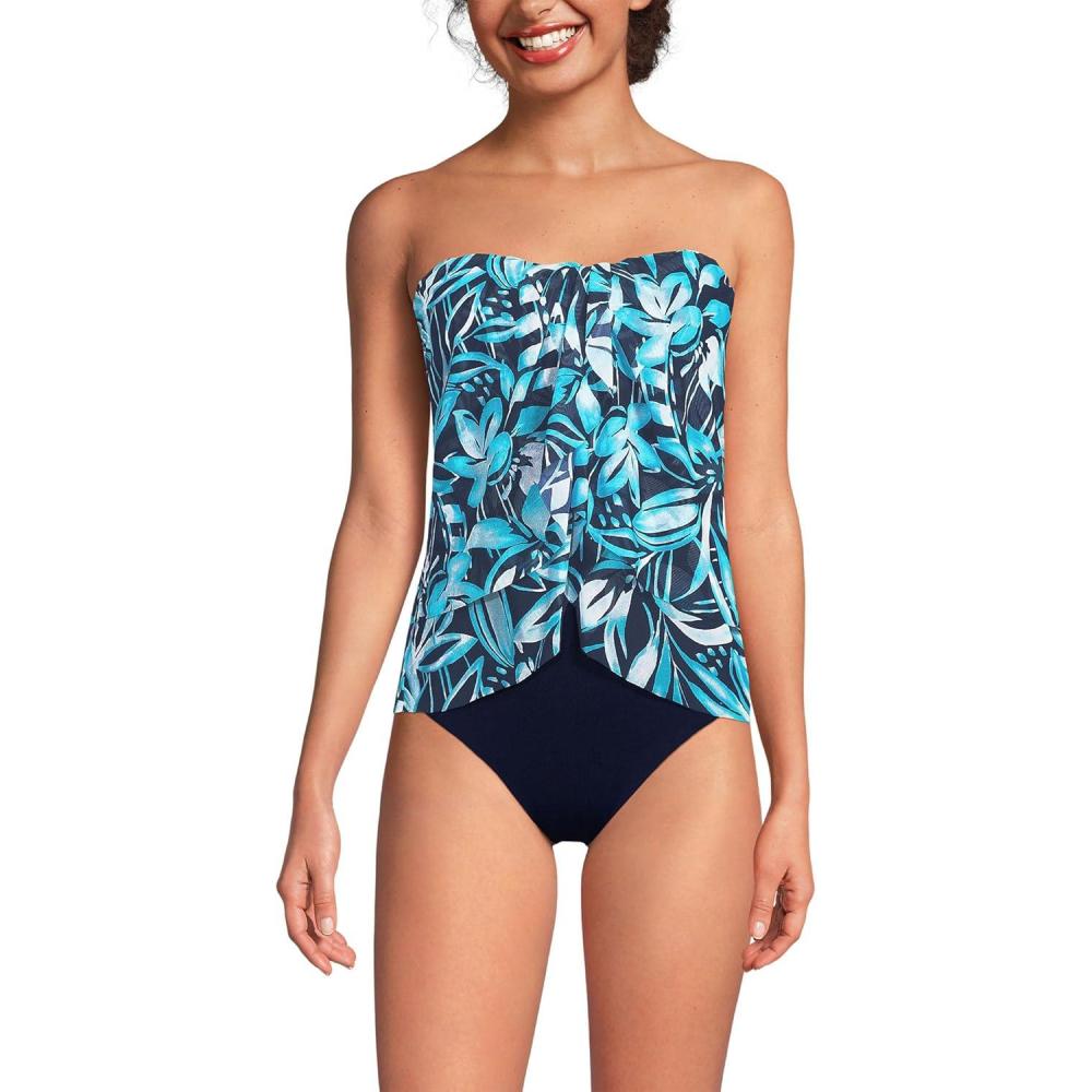 imageLands End Womens Chlorine Resistant Mesh Bandeau High Leg Fauxkini One Piece SwimsuitDeep Sea Navy Graphic Floral