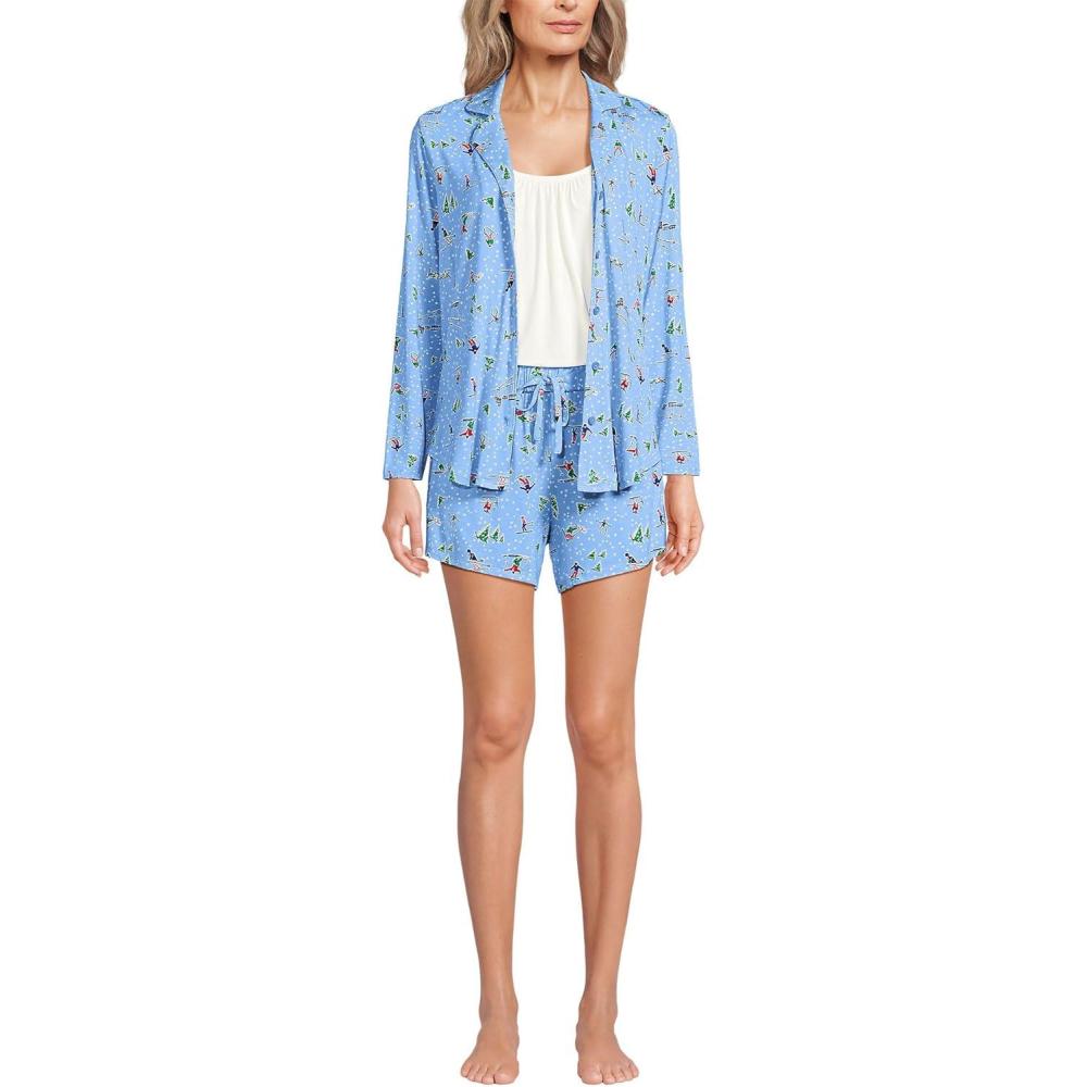 imageLands End Womens Cooling 3 Piece Pajama Set  Long Sleeve Top Cami and ShortsClear Blue Sky Skiers
