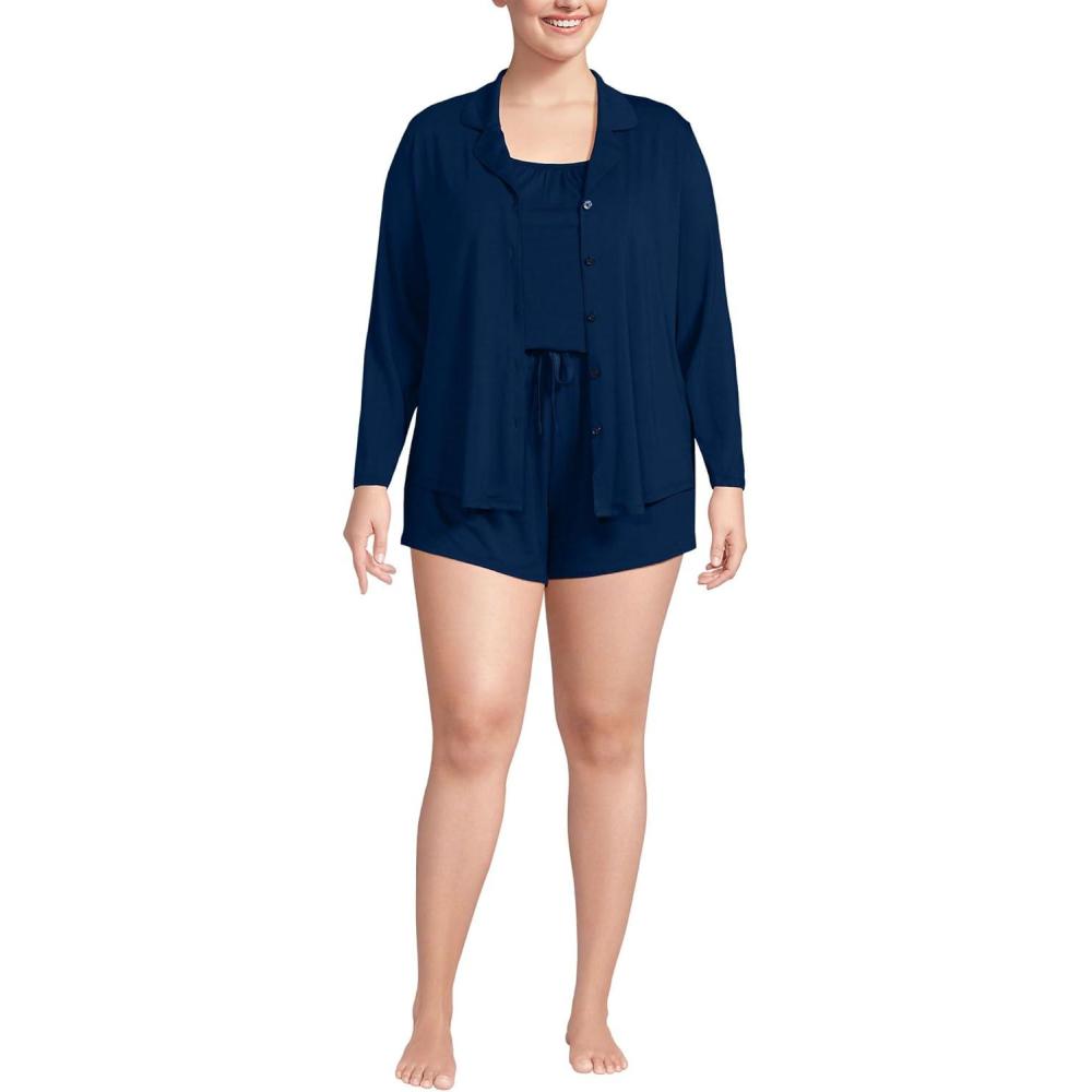 imageLands End Womens Cooling 3 Piece Pajama Set  Long Sleeve Top Cami and ShortsDeep Sea Navy