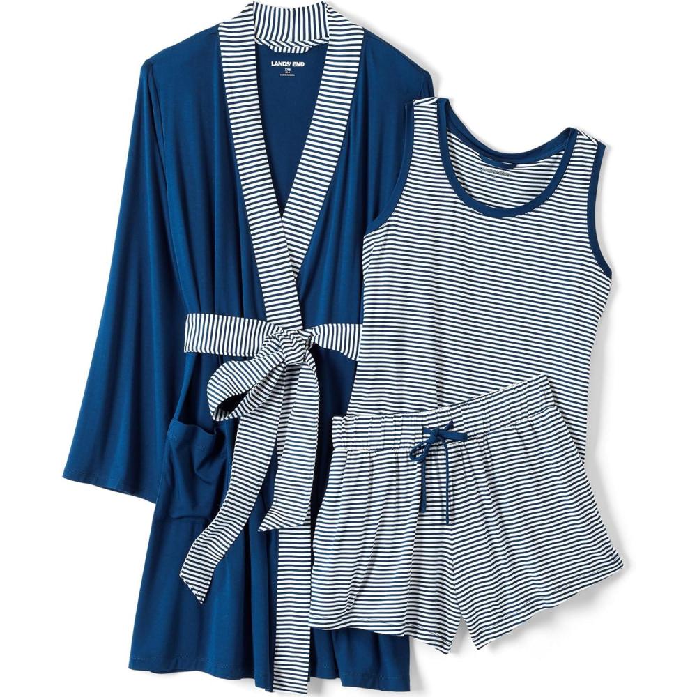 imageLands End Womens Cooling 3 Piece Pajama Set  Robe Tank and ShortsDeep Sea Navy Mini Stripe