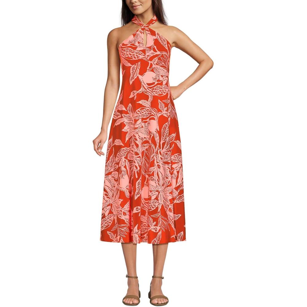 imageLands End Womens Cotton Modal Halter Midi DressMandarin Orange Etched Leaves