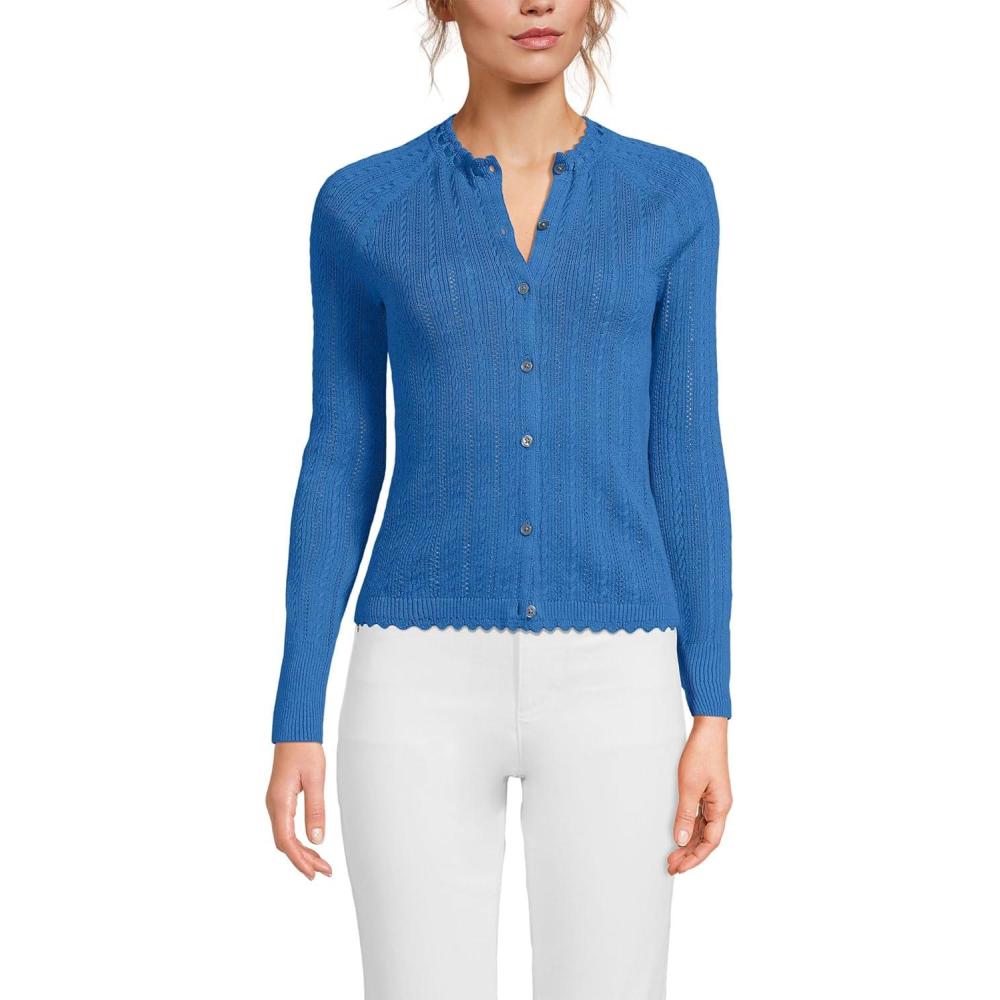 imageLands End Womens Cotton Pointelle Satin Trim Cardigan SweaterMuted Cobalt Blue