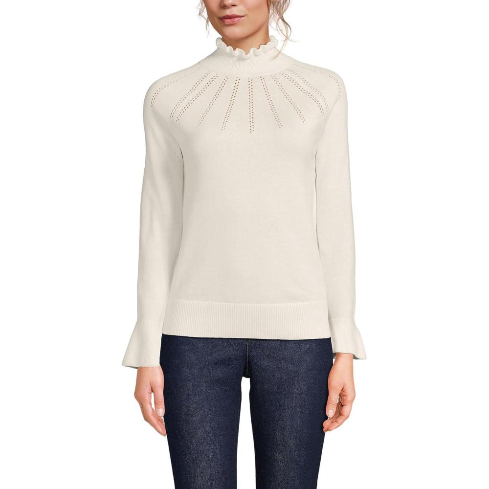 imageLands End Womens Cotton Pointelle Turtleneck SweaterFresh Ivory