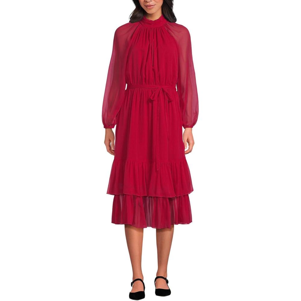 imageLands End Womens Crinkle Chiffon Ruffle DressRich Red