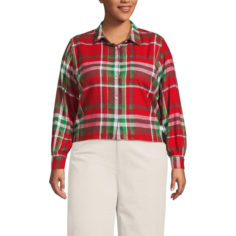 imageLands End Womens Cropped Flannel ShirtCompass RedEmerald Plaid