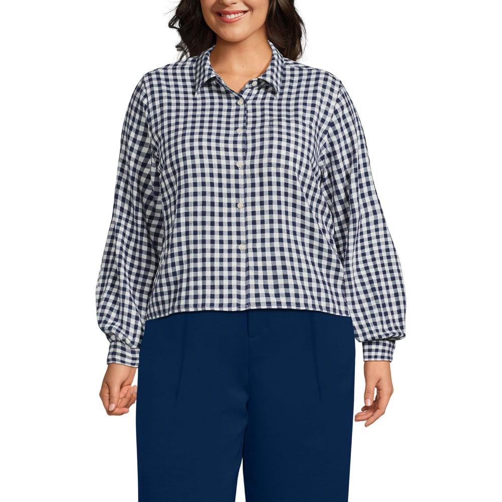 imageLands End Womens Cropped Flannel ShirtDeep SeaIvory Mini Check