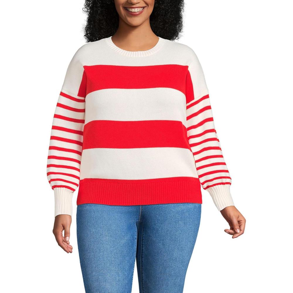 imageLands End Womens Drifter Jersey Crewneck SweaterCoral RedIvory Stripes