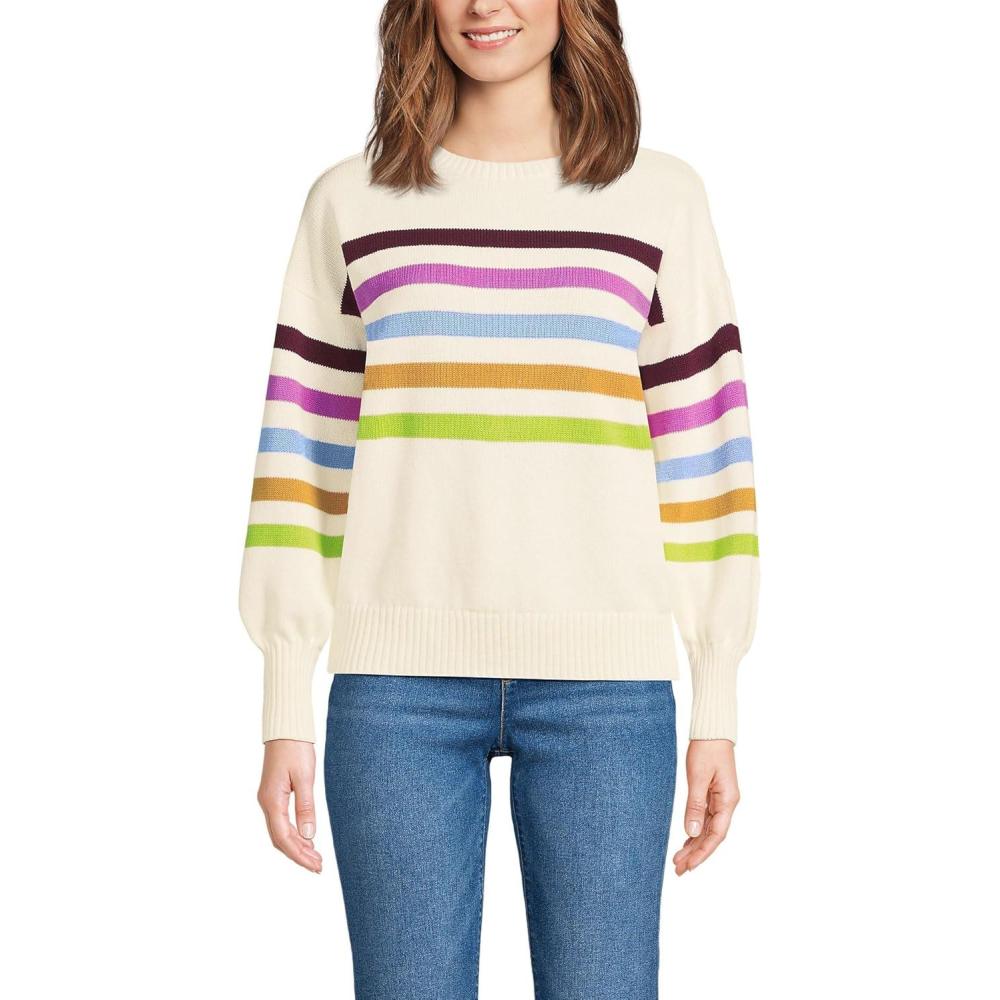 imageLands End Womens Drifter Jersey Crewneck SweaterIvory Placed Multi Stripe