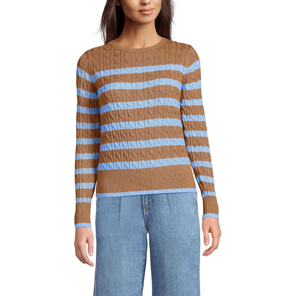 imageLands End Womens Drifter Modern Cable Crew SweaterCanyon CamelBlue Stripe