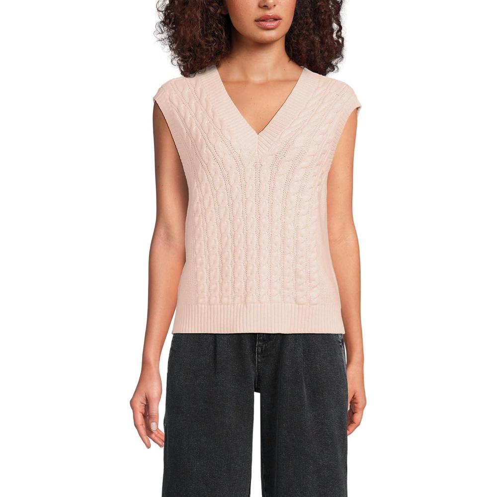 imageLands End Womens Drifter Modern Cable V Neck Vest SweaterPink Opal