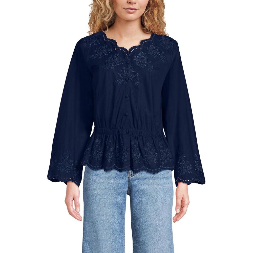 imageLands End Womens Embroidered Poplin Long Sleeve BlouseDeep Sea Navy