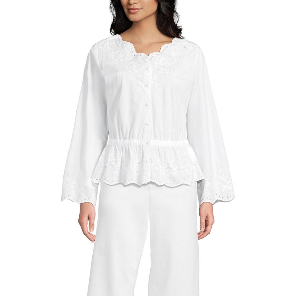imageLands End Womens Embroidered Poplin Long Sleeve BlouseWhite
