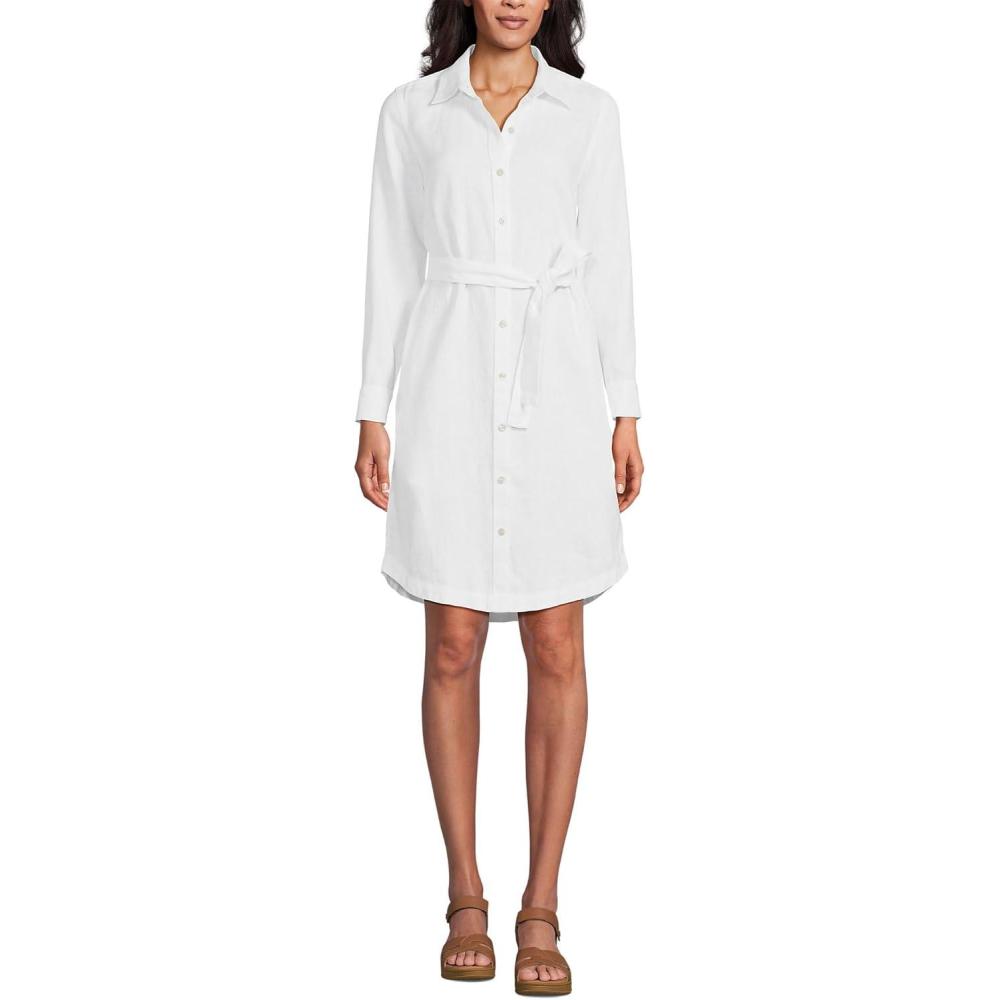 imageLands End Womens Linen Long Sleeve Button Front Shirt DressWhite