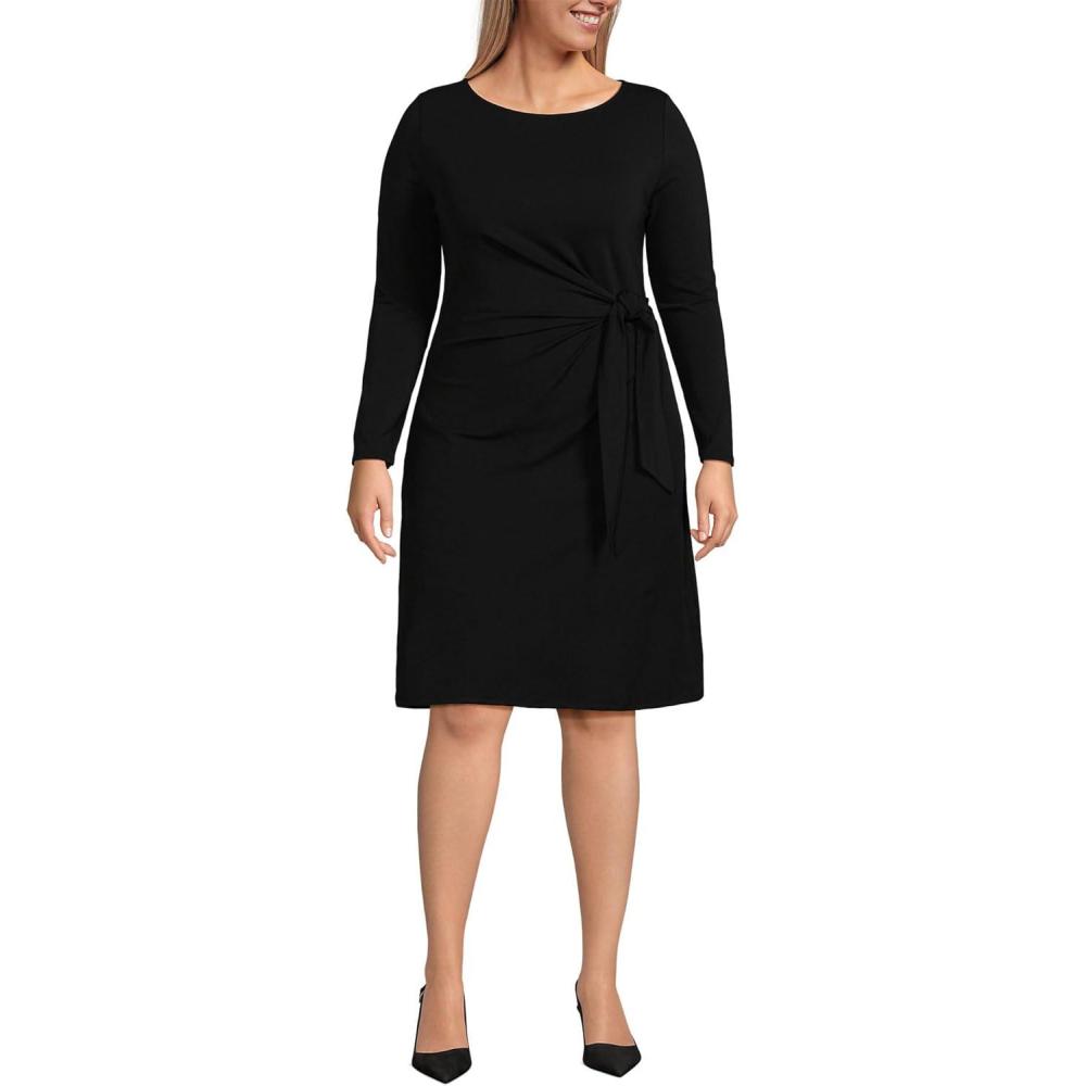 imageLands End Womens Long Sleeve Lightweight Cotton Modal Boatneck Tie Waist DressBlack