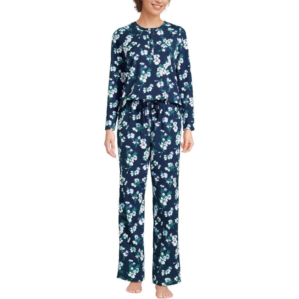 imageLands End Womens Petite Knit 2 Piece Pajama Set  Long Sleeve Top and PantsDeep Sea Navy Painterly Floral