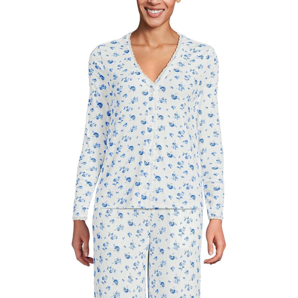 imageLands End Womens Pointelle Long Sleeve Sleep CardiganIvoryBlue Dainty Floral