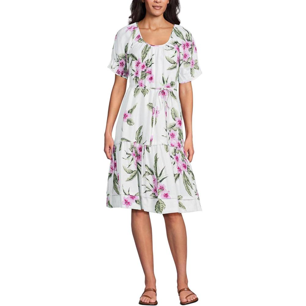 imageLands End Womens Puff Sleeve Pleated Linen Knee Length DressWhiteMagenta Plumeria