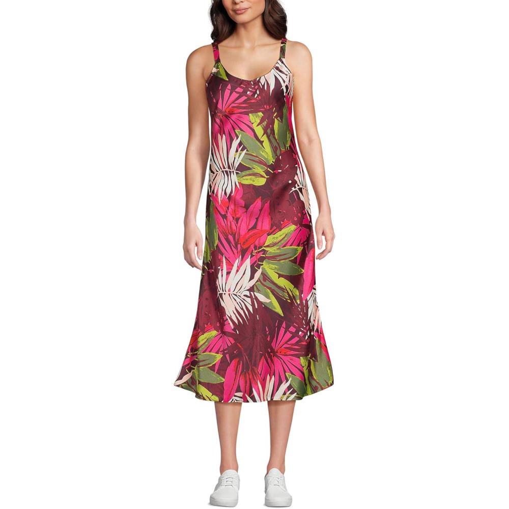 imageLands End Womens Satin Slip DressRich Burgundy Tropical Palm