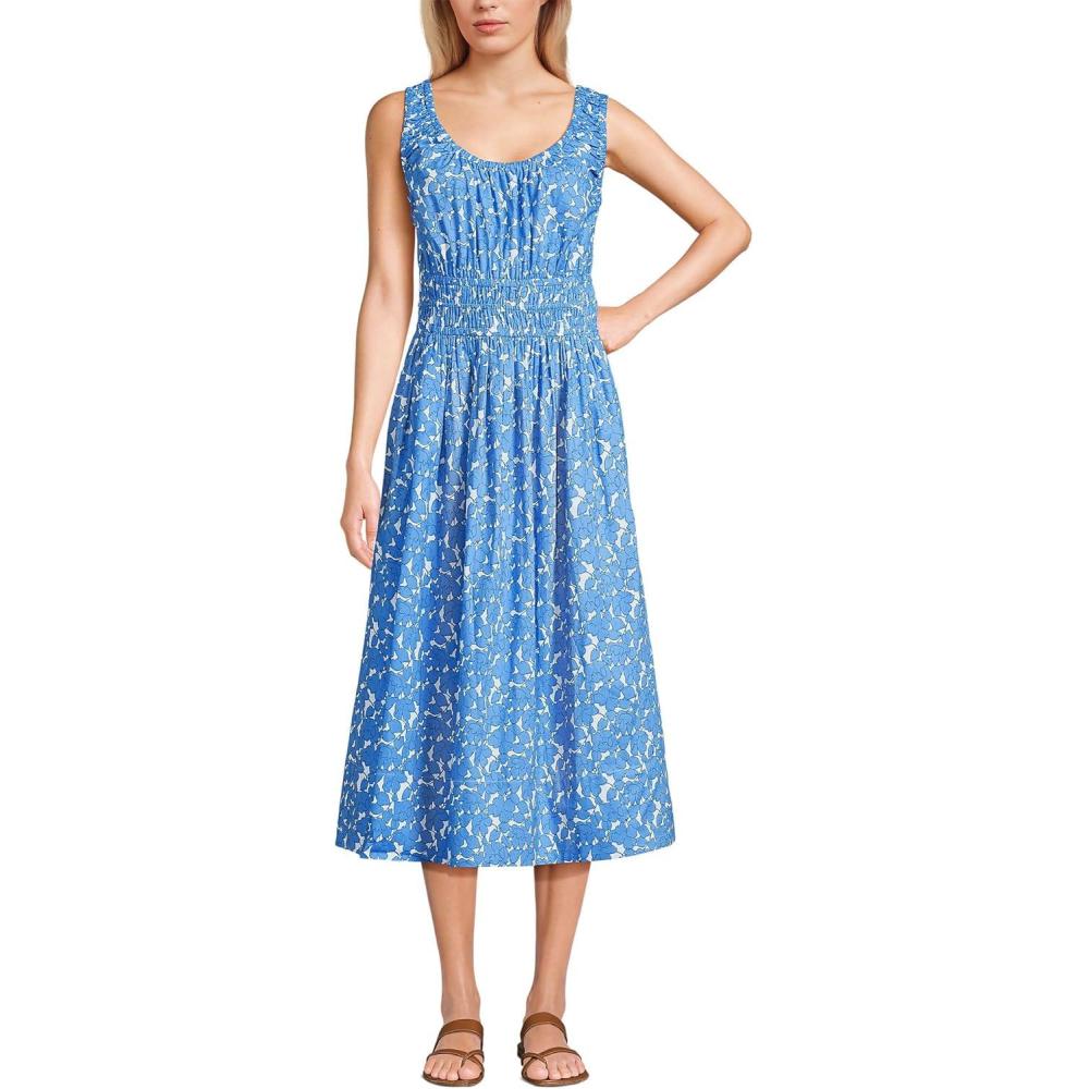 imageLands End Womens Sleeveless Poplin Smocked Midi DressParadise Blue Tossed Floral