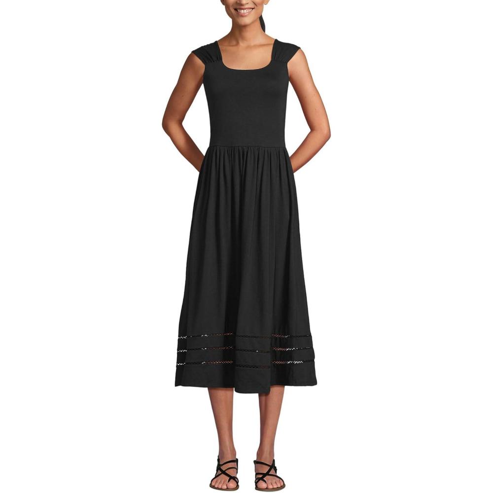 imageLands End Womens Slub Cap Sleeve Shirred Skirt Midi DressBlack