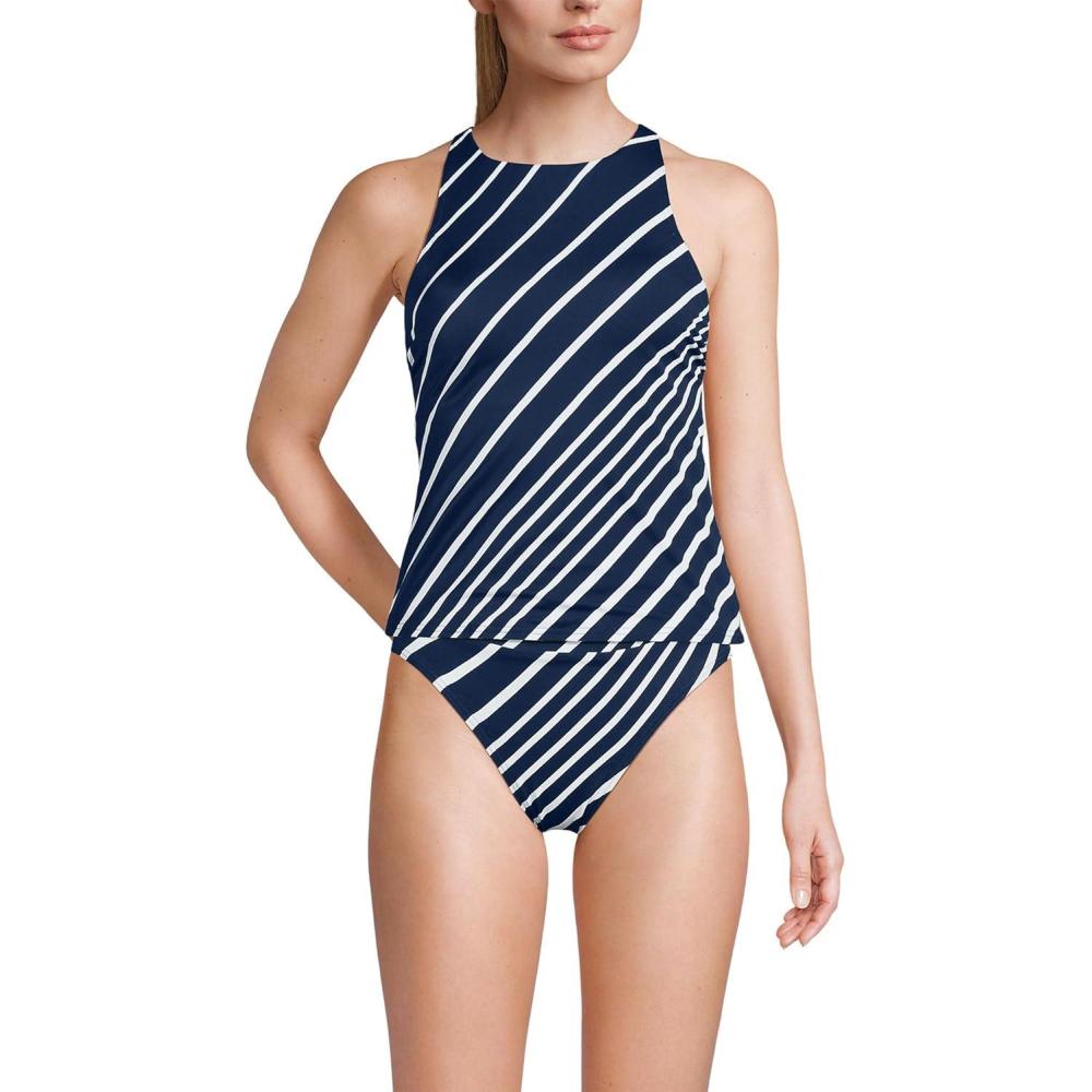 imageLands End Womens Tugless High Neck Strappy Back Tankini Swimsuit TopNavyWhite Variegated Stripe
