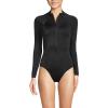 Lands’ End Women’s Chlorine Resistant Zip Front Long Sleeve Tugless Sporty One Piece Swimsuit(Black)