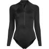Lands’ End Women’s Chlorine Resistant Zip Front Long Sleeve Tugless Sporty One Piece Swimsuit(Black)