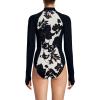Lands’ End Women’s Chlorine Resistant Zip Front Long Sleeve Tugless Sporty One Piece Swimsuit(Egret/Black Lilies)