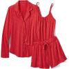 Lands’ End Women’s Cooling 3 Piece Pajama Set – Long Sleeve Top Cami and Shorts(Compass Red Pin Dot)