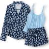 Lands’ End Women’s Cooling 3 Piece Pajama Set – Long Sleeve Top Cami and Shorts(Deep Sea Navy Blooms)