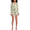 Lands’ End Women’s Cooling 3 Piece Pajama Set – Long Sleeve Top Cami and Shorts(Ivory/Green Elegant Floral)