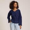 Lands’ End Women’s Embroidered Poplin Long Sleeve Blouse(Deep Sea Navy)