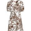 Lands’ End Women’s Linen Above The Knee Puff Sleeve Dress(Vanilla/Bark Etched Leaves)