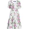 Lands’ End Women’s Puff Sleeve Pleated Linen Knee Length Dress(White/Magenta Plumeria)