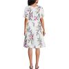 Lands’ End Women’s Puff Sleeve Pleated Linen Knee Length Dress(White/Magenta Plumeria)