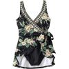 Lands’ End Women’s Side Tie Mini Swim Dress Swimsuit(Black Plumeria Border)
