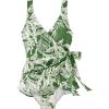 Lands’ End Women’s Side Tie Mini Swim Dress Swimsuit(Fusion Green Etched Leaves)