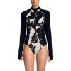 Lands’ End Women’s Chlorine Resistant Zip Front Long Sleeve Tugless Sporty One Piece Swimsuit(Egret/Black Lilies)