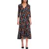 Lands’ End Women’s Cotton Modal 3/4 Sleeve Vneck Wrap Dress(Black Multi Floral)