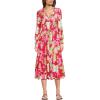 Lands’ End Women’s Crepe Button Front Long Sleeve Midi Dress(Berry Rouge Lilies)